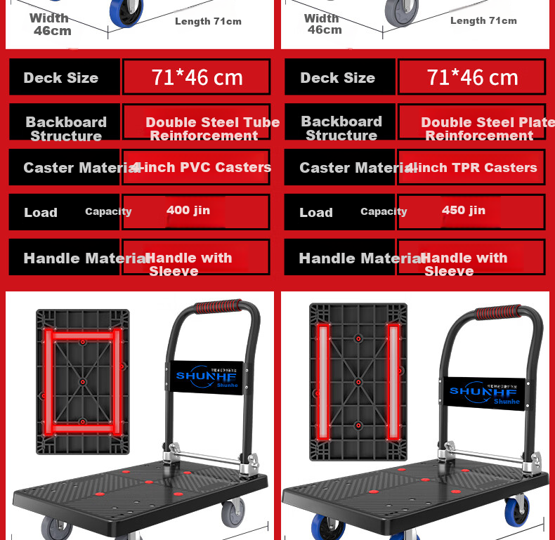 Shunhe Folding Flatbed Cart Hand Truck Trolley 70x47cm Double Tube Reinforced 4-Inch Wheels P500B-KM 7