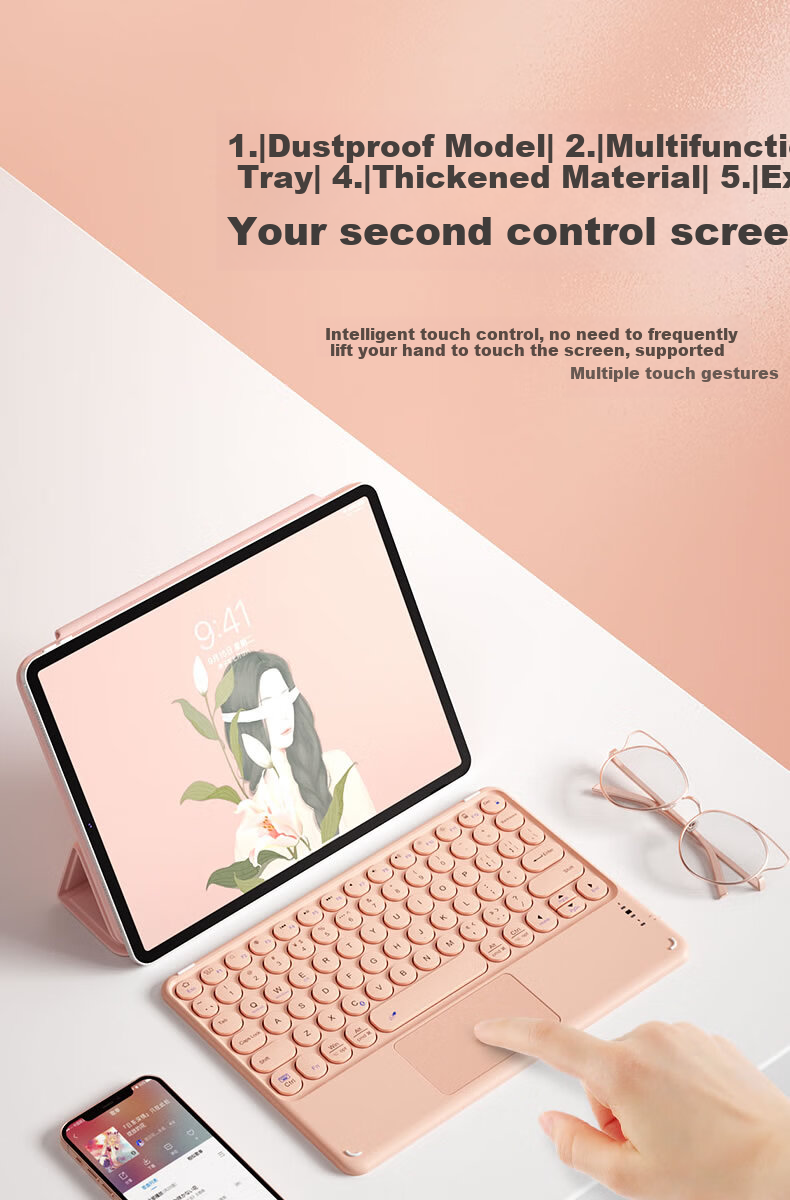 B.O.W Hangshi HB252 Ultra-thin Bluetooth Wireless Touch Keyboard for iPad Xiaomi Huawei Apple Tablet Mobile Laptop Silent Rechargeable Keyboard Pink 5