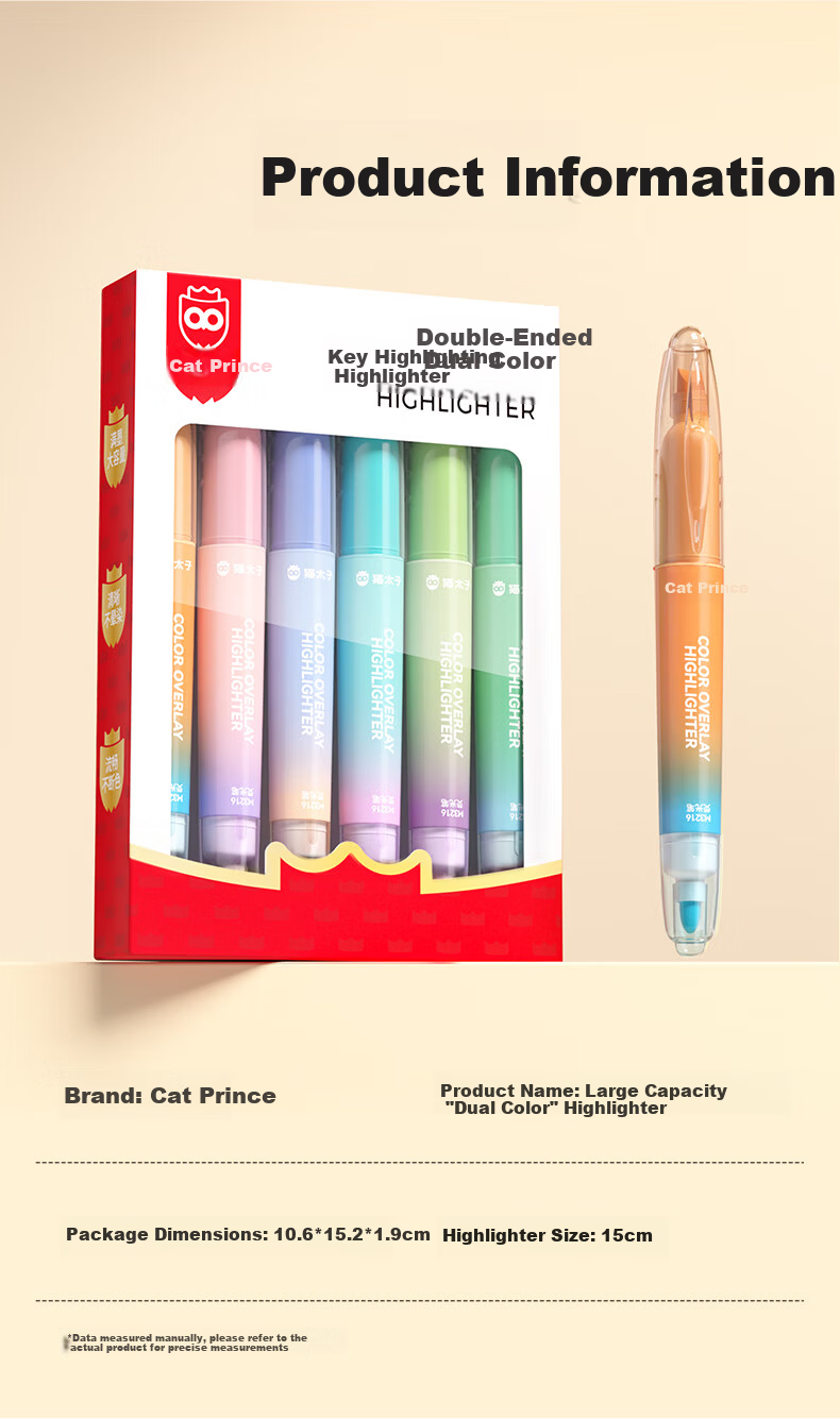 Cat Prince Stackable Color Fluorescent Highlighter Marker Pen Double-Ended Fluorescent Pen for Elementary Students, High-Value Quick-Dry 12-Color Note-Taking Pen for Handwritten Reports 12