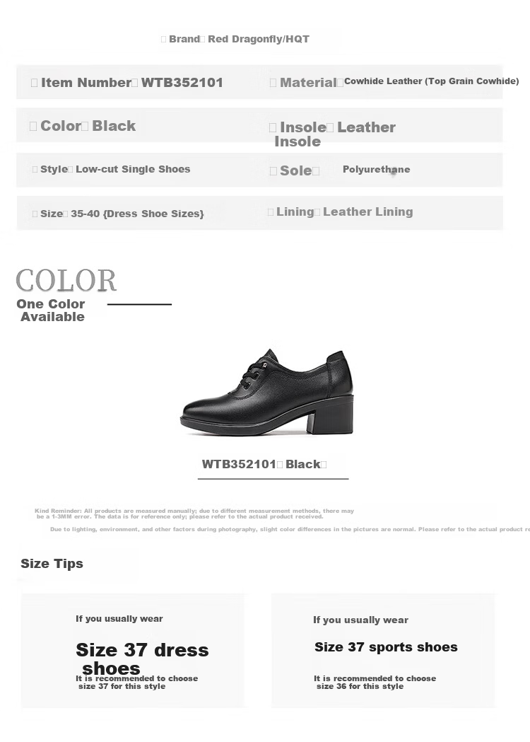 Red Dragonfly Women's Autumn Cowhide Breathable Soft Sole Leather Shoes Commuter Low-top Lace-up Mom Shoes WTB352101 Black Size 36 8