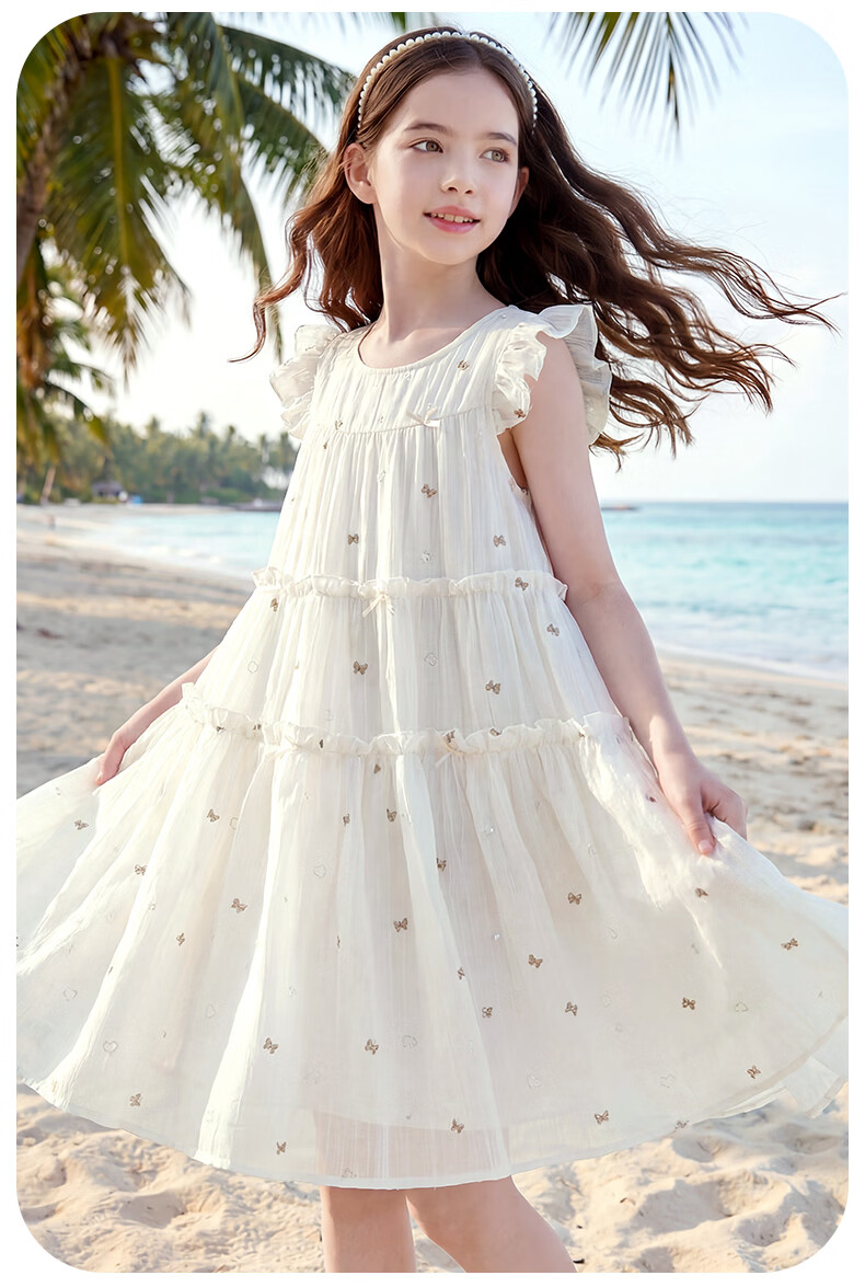 Disney Girls' Tencel Dress Summer Lightweight Princess Cake Dress for Older Children 1A112 Beige 130 8