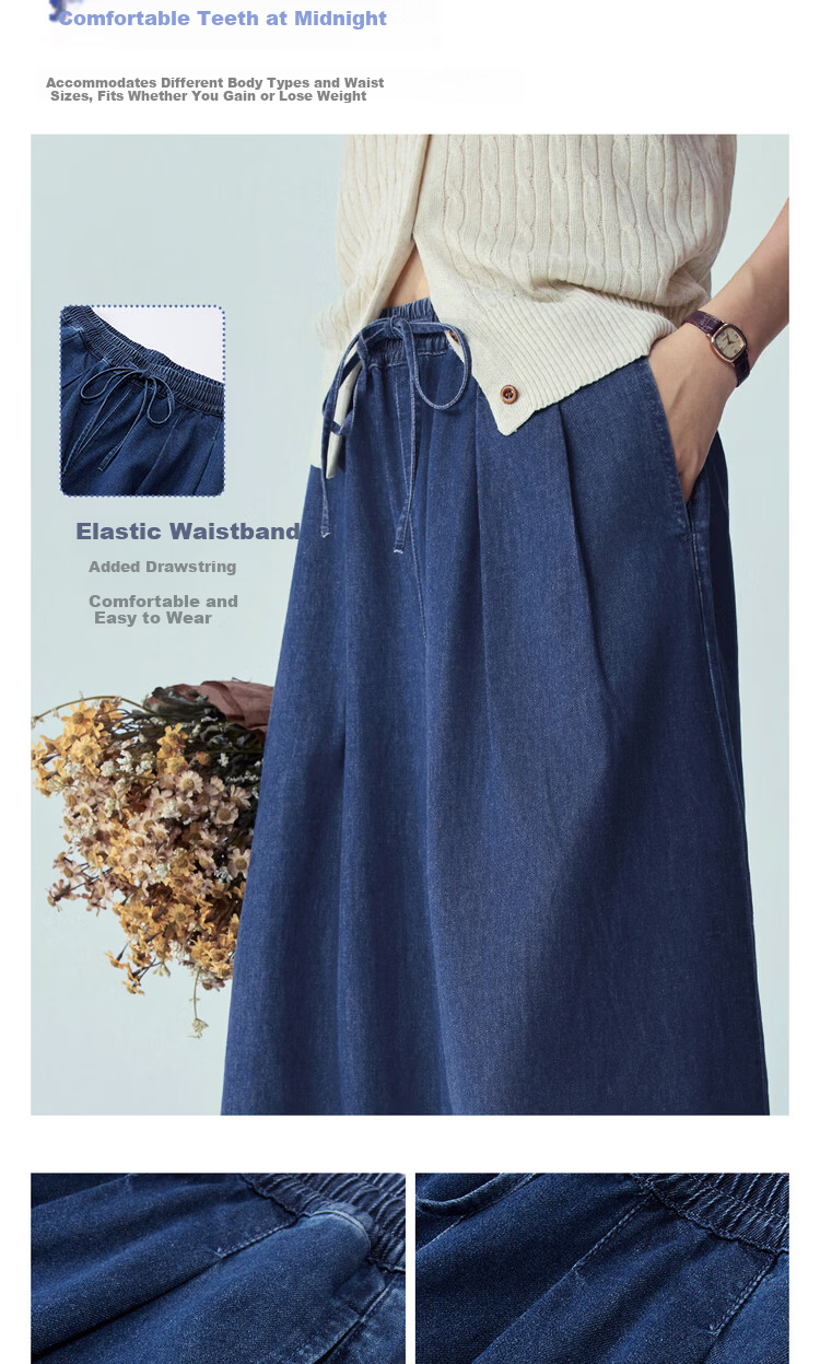 Giordano 2026 Summer Women's Pure Cotton Lightweight Pleated Drawstring Elastic Waist Cropped Wide-Leg Jeans 13416330 9