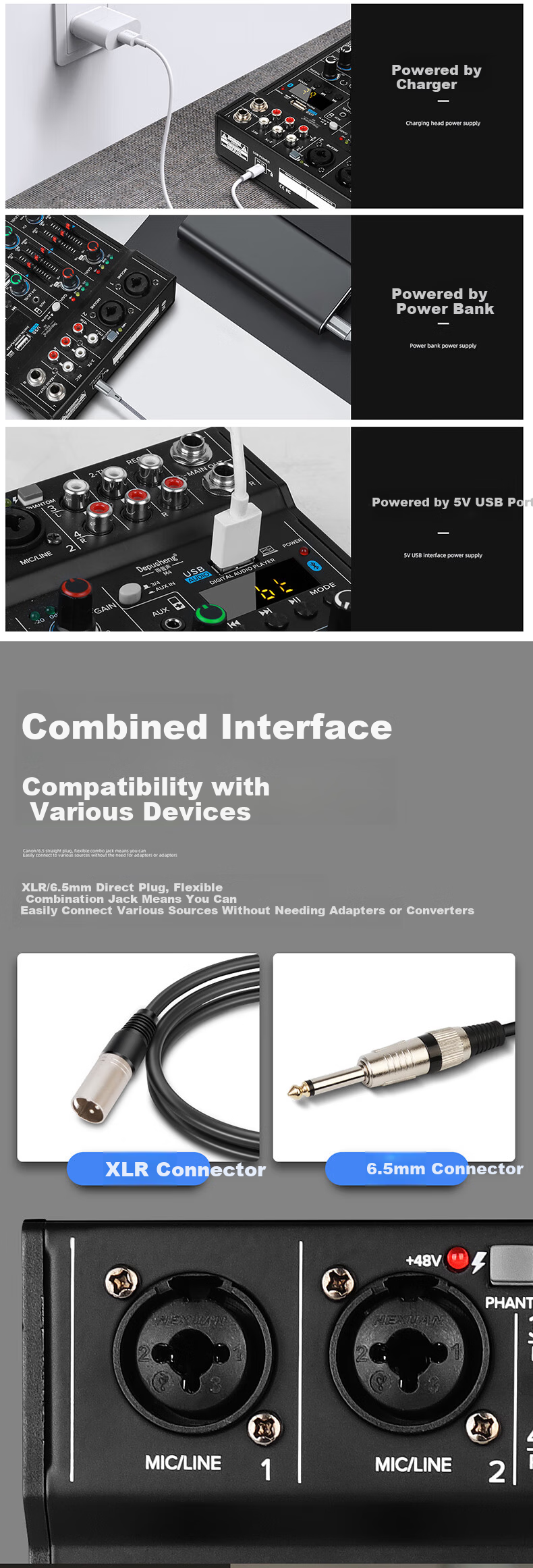 Depusheng Professional 4-Channel Mixer USB Sound Card Bluetooth USB EQ Reverb 7-In 4-Out M4 for Computer Live Streaming Recording Home KTV Singing Video Conference Karaoke 3