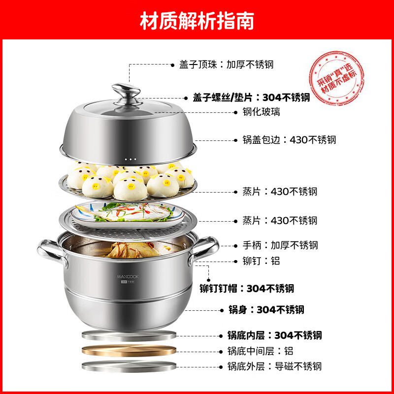 MAXCOOK Steamer 32cm 2-Tier 304 Stainless Steel Thickened Base Compatible with Gas and Induction Cooktops