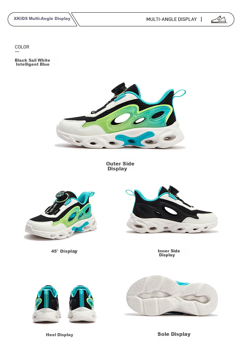 XTEP Kids Boys Toddler Breathable Hollow Frame Rotating Buckle Running Shoes Black/Off-White/Smart Blue Size 29 6