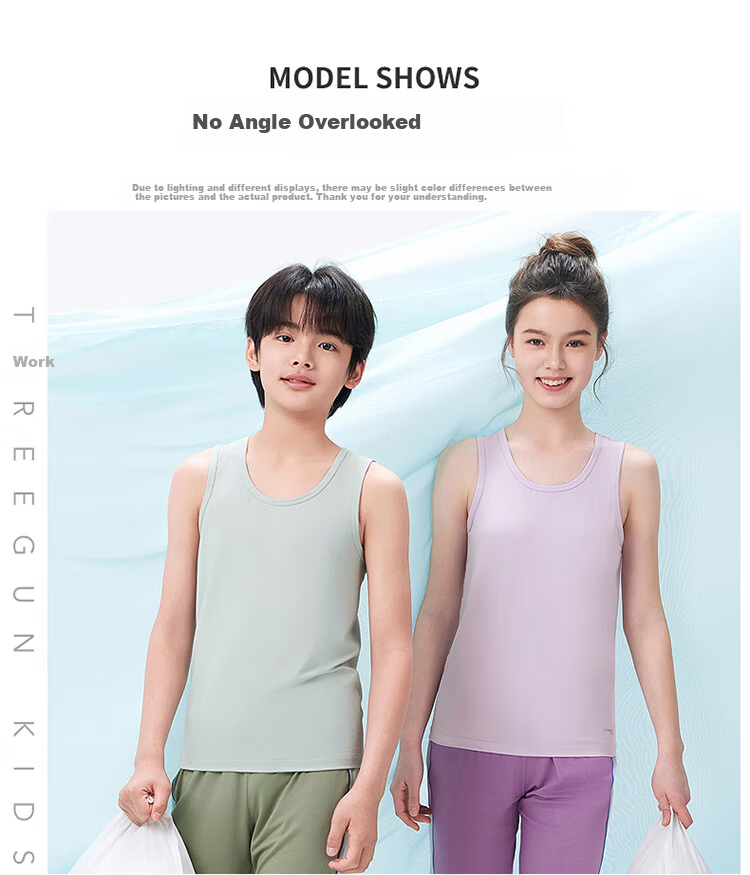 THREEGUN Kids Cooling Modal 3A Antibacterial Boys Girls Crew Neck Vest Aqua Green 150 13