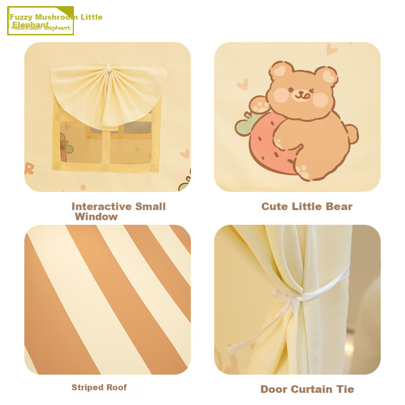 Mushroom Elephant Kids Indoor Play Tent Bear Print Birthday Gift Fun House with Star Lights, Bunting, and Thick Mat
