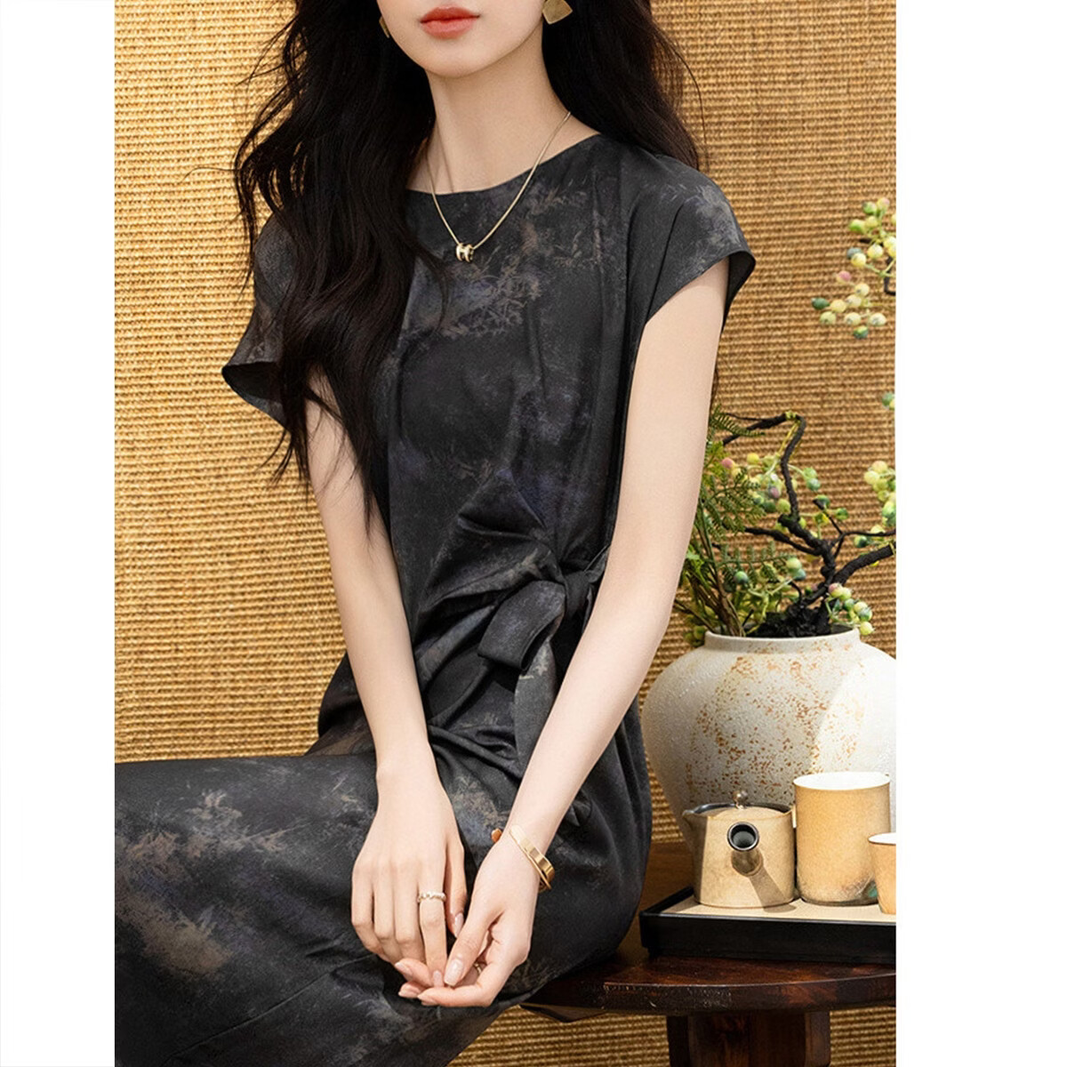 Demana [Tuberose] Summer National Style New Chinese Shoulder-Covered Sleeve Printed Knot Waist Slimming Dress for Women Premium