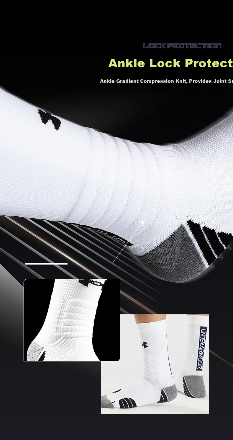 Under Armour Men's Basketball Socks Sports Running Long Socks Four Seasons Marathon Badminton Antibacterial Odor-Resistant Terry Socks 5