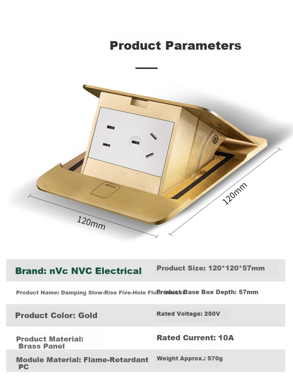 NVC Lighting Electrical Switch Socket Waterproof Floor Socket Five-Hole 10A Hydraulic Damping Slow-Return Brass High Copper Content 12