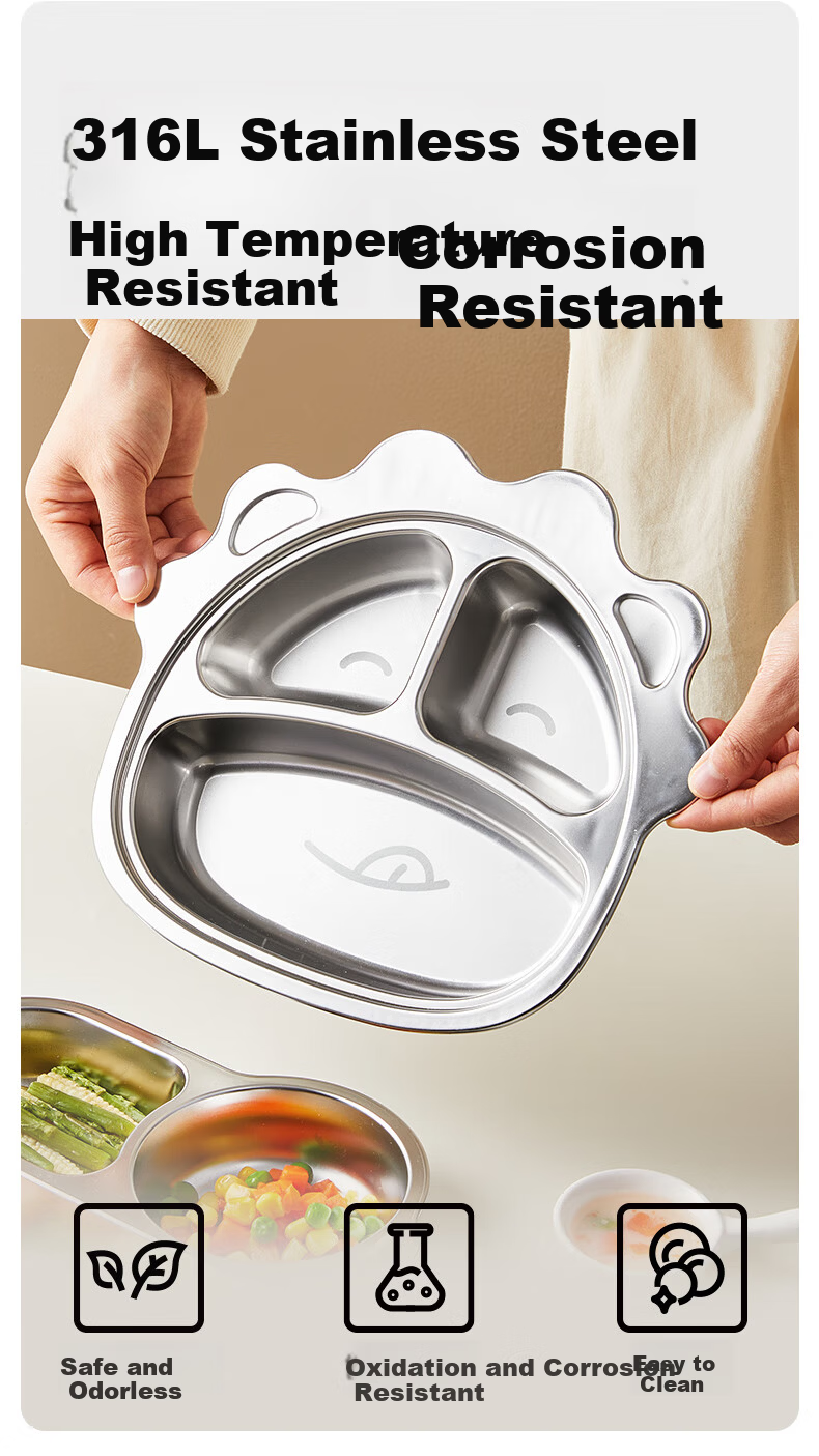 LOCK&LOCK Children's Divided Plate, 316L Stainless Steel Compartment Plate, Baby-Specific Food Tray, Kindergarten Meal Divider, Dining Utensils 3