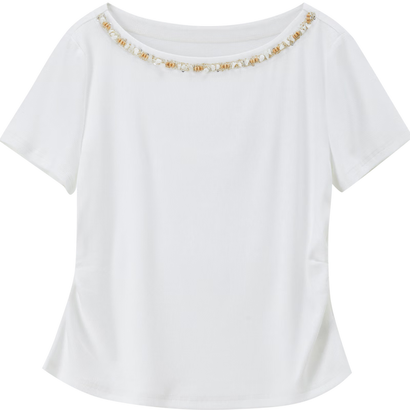 Shangdu Bila Korean Style Elegant Cotton Blend T-Shirt Women Summer Beaded Lace Round Neck Knit Top Slim Fit Short Sleeve Inner Wear
