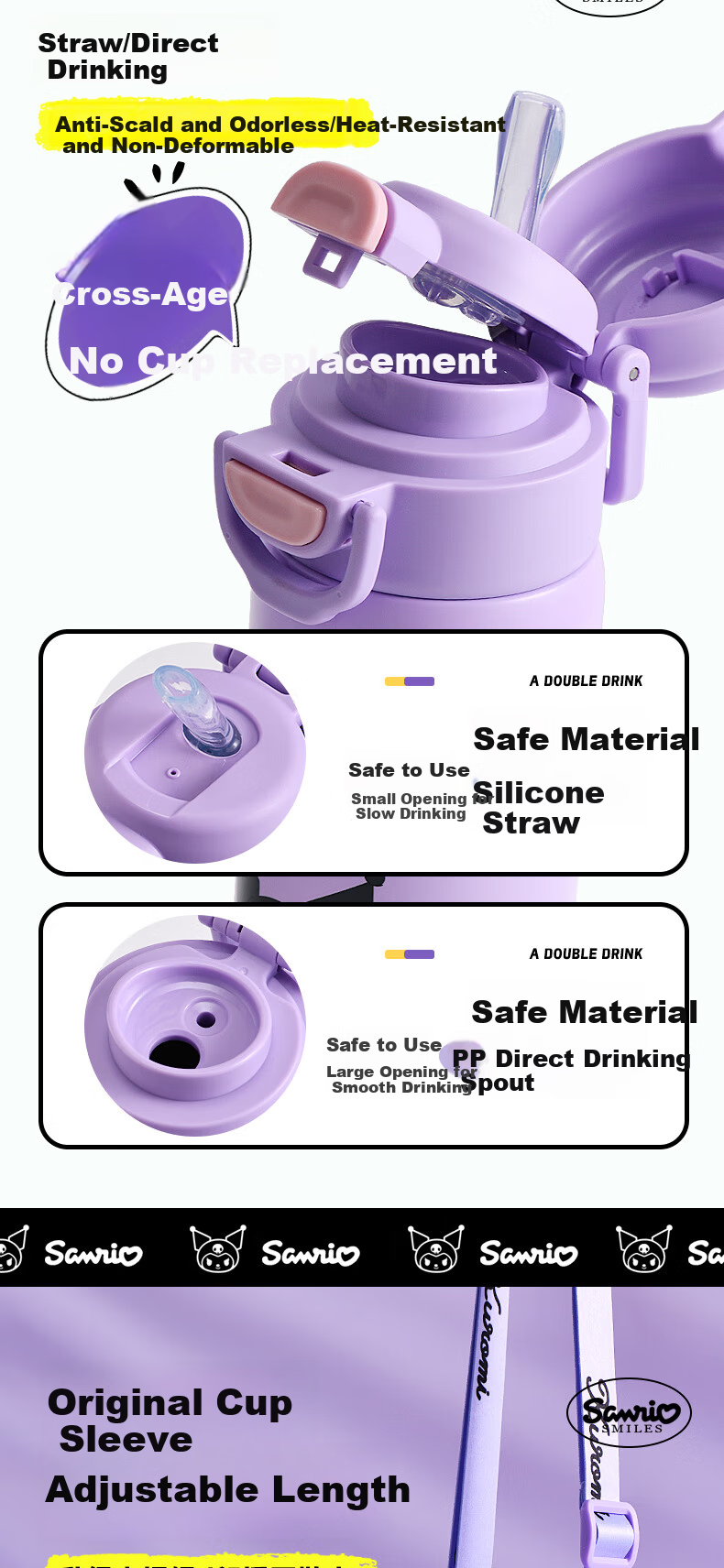 Sanrio 316 Stainless Steel Insulated Water Bottle 520ML Dual-Use Kids Cup Kuromi Pink Purple 901 5