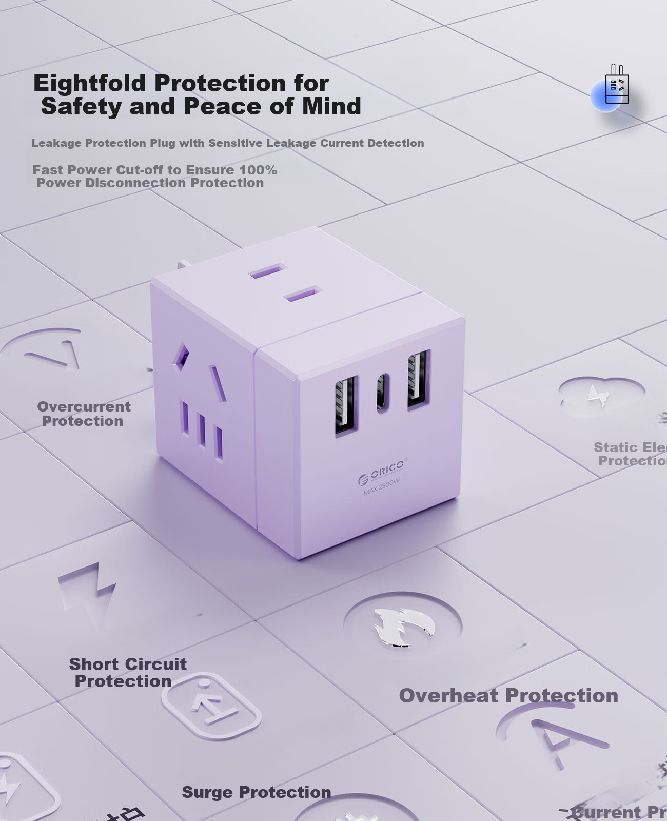 ORICO Cube Power Strip, One-To Adapter, USB Socket/power Bar/extension Cord, Type-C Port + USB Port + 4 Outlets, White 7