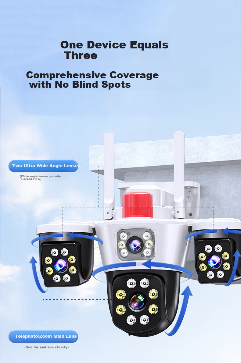 Network Eye Triple Lens Home Security Camera Outdoor No WiFi Required Lifetime Data-Free Mobile Remote Monitoring 360-Degree No Blind Spot Night Vision Rural Use 8