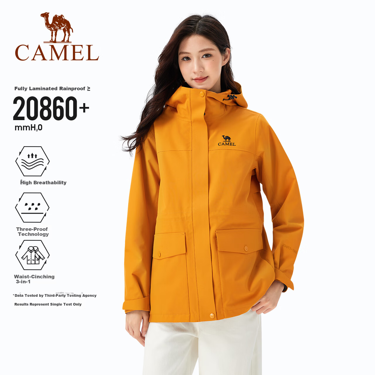 Camel Sunflower Yellow Mid-Length Women's 3-in-1 Waterproof Waist-Cinched Windbreaker Jacket