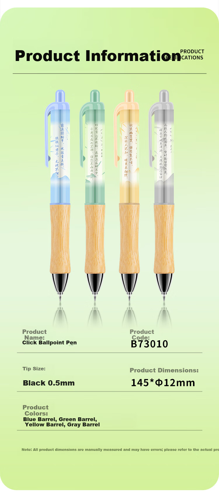 Fizz Good Bamboo Quick-Dry Click Gel Pen High-Value 0.5mm National Style Dual Ballpoint CS Tip Large Capacity Office Signature Pen Brush Pen 1-Pack B73007 Blue Barrel 7