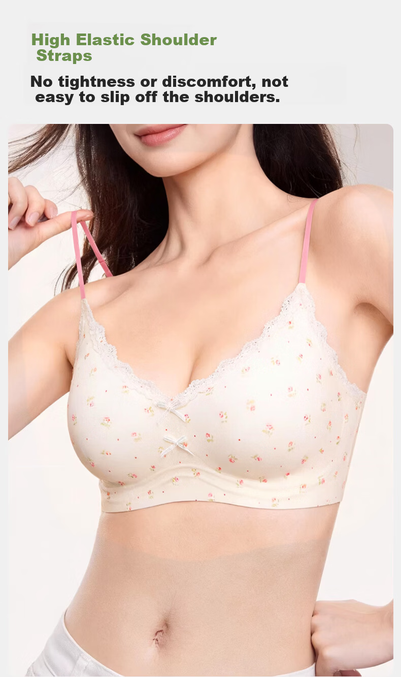 Miiow Lace Floral Lingerie Women's Small Bust Push-Up Bra Anti-Sagging Side Support Seamless Wireless Sweet Bra 7