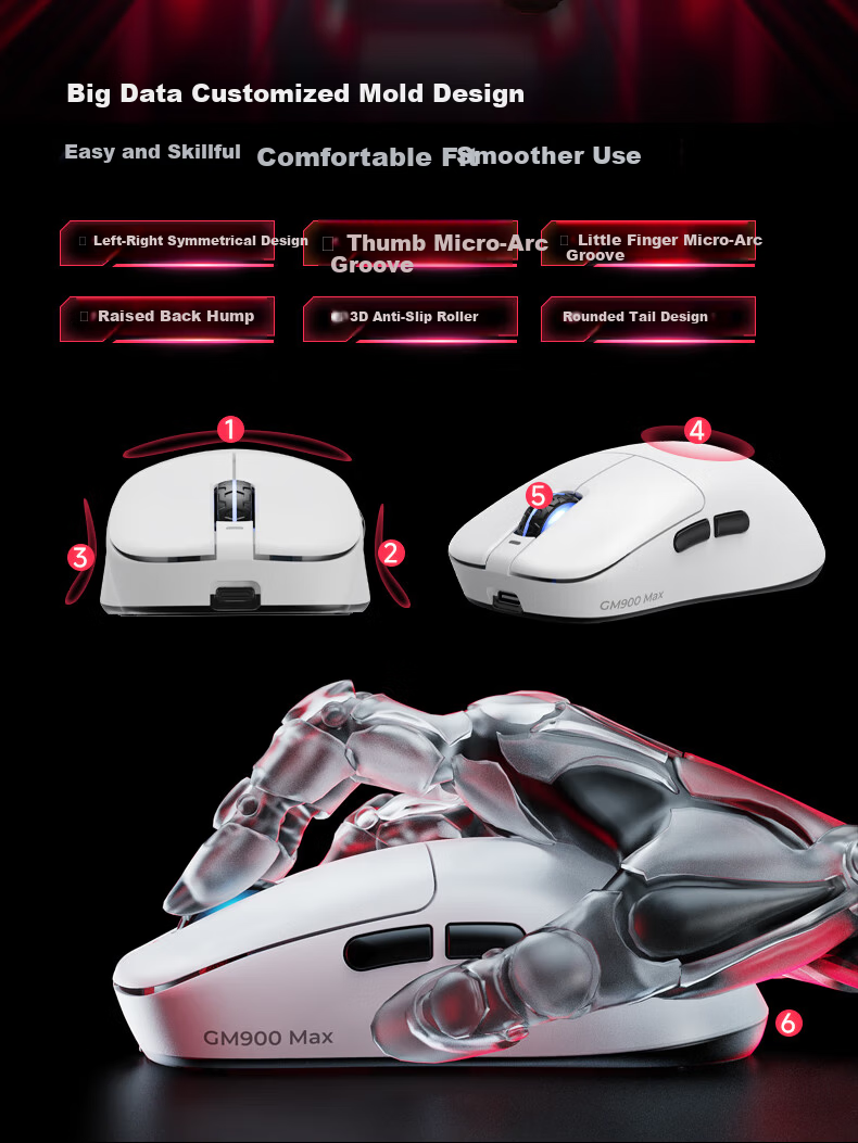 AOC GM900Pro Wireless Bluetooth Tri-Mode Mouse Lightweight PAW3395 Wireless 8K Report Rate Laptop Desktop Large Hand Black 4