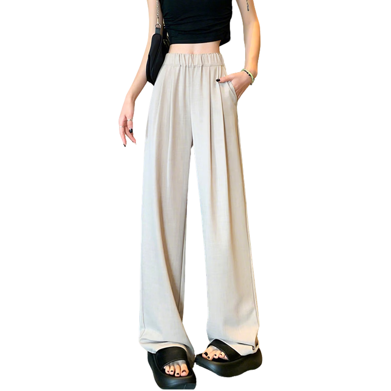 Borui Women's Summer Lightweight Ice-Feel Lazy Style Casual Pants Draped Loose Fit Trousers Chinese Style Wide-Leg Pants Light Khaki S
