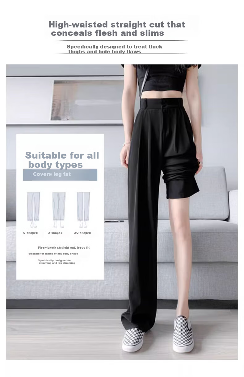 LangSha Black Women's Suit Pants, 2025 New Style, Office Commute, High-End Feel, Straight-Leg Slimming Thin High-Waist Wide-Leg Trousers 8