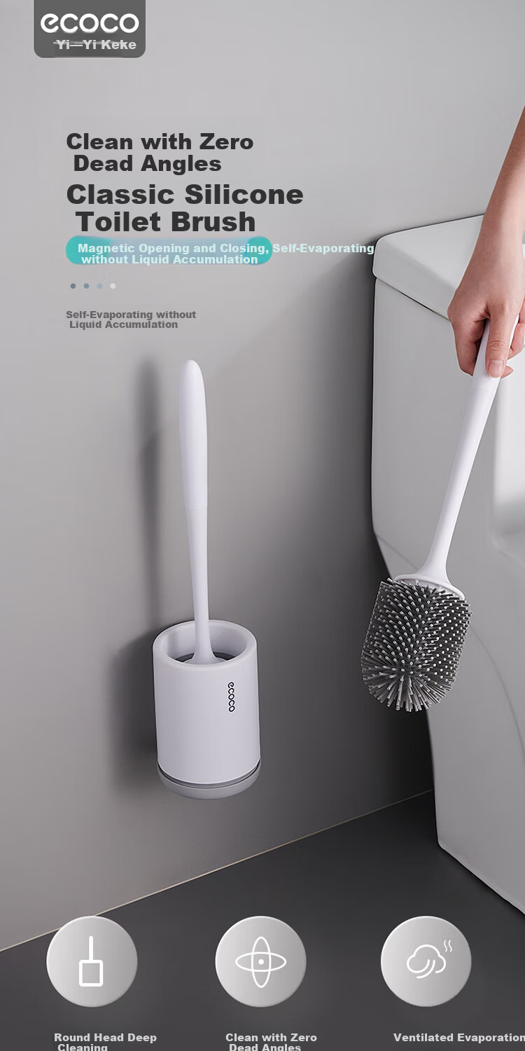 Ecoco Toilet Brush with Base Round Head Toilet Cleaning Brush Set No Dead Angle Household Long Handle 2