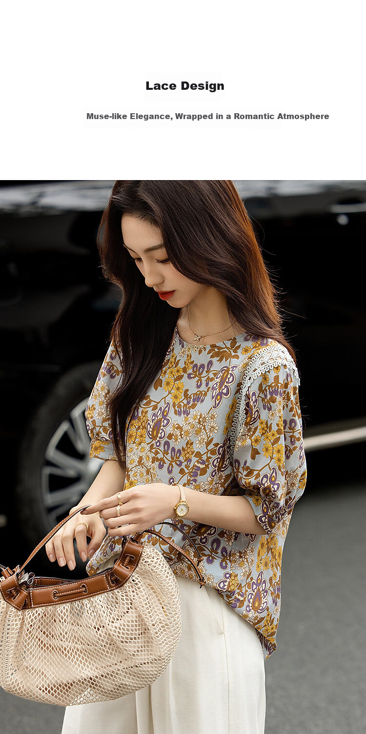 Demana [Pure Cotton Slub Texture] Summer Urban Romantic Printed Lace Ribbon Loose Slim Shirt for Women High-End Feel 3