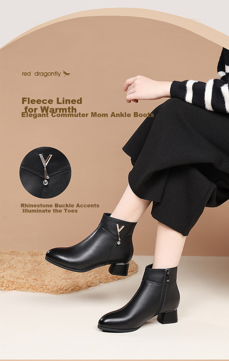 Red Dragonfly Short Boots Fashion Shoes Fleece Lined Warm Mom Shoes Commuter Versatile Chunky Heel Height Increasing WLC445181C Black Size 35 3