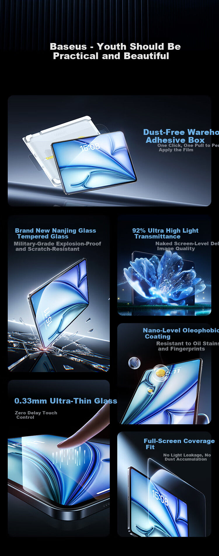 Baseus iPad Mini 7 Tempered Glass Screen Protector AR Film Apple Tablet Dust-Free Case [Ultra Clear Naked Screen, Strong Anti-Fingerprint] Compatible with iPad Mini 7/6 8.3-inch 2
