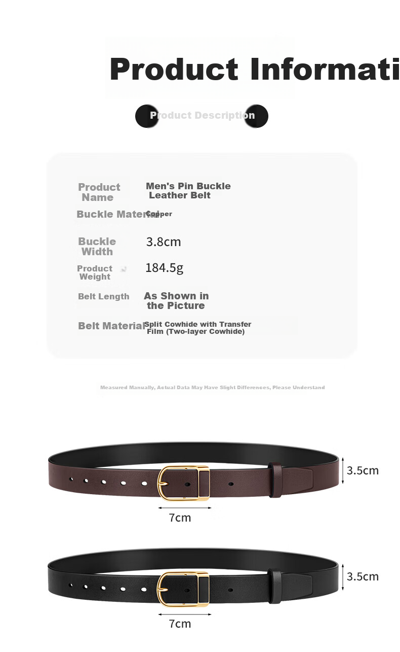 Biyoumei Men's Genuine Leather Belt with Pin Buckle, Business Casual Waistband, Brown 120cm, Premium Gift for Men 2