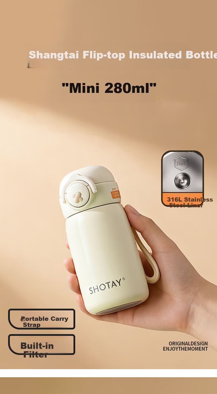 Shangtai 316L Stainless Steel Insulated Water Bottle 280ml Compact Pocket Outdoor Flip Lid Thermos 8185 White 1