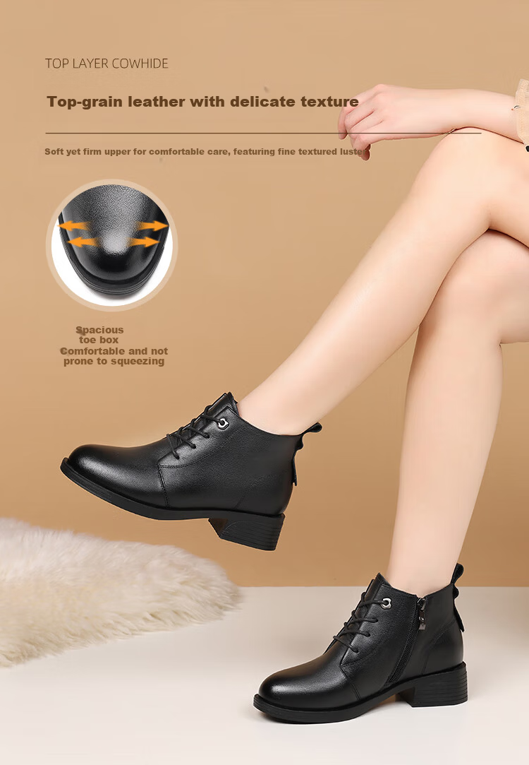Red Dragonfly Women's Leather Winter Fleece-Lined Warm Short Boots Versatile Soft Sole Lightweight Martin Boots WLC459881C Black Size 40 4