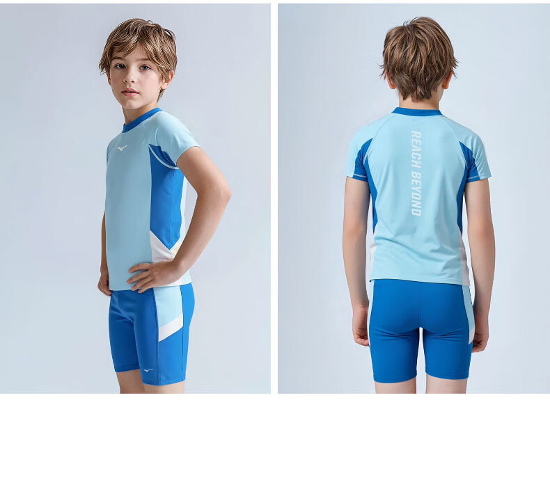 MIZUNO Kids Boys Two-Piece Swimwear Short Sleeve Quick-Dry Sun Protection Surfing Hot Spring Swimsuit GB431 Off-White Blue 120 17