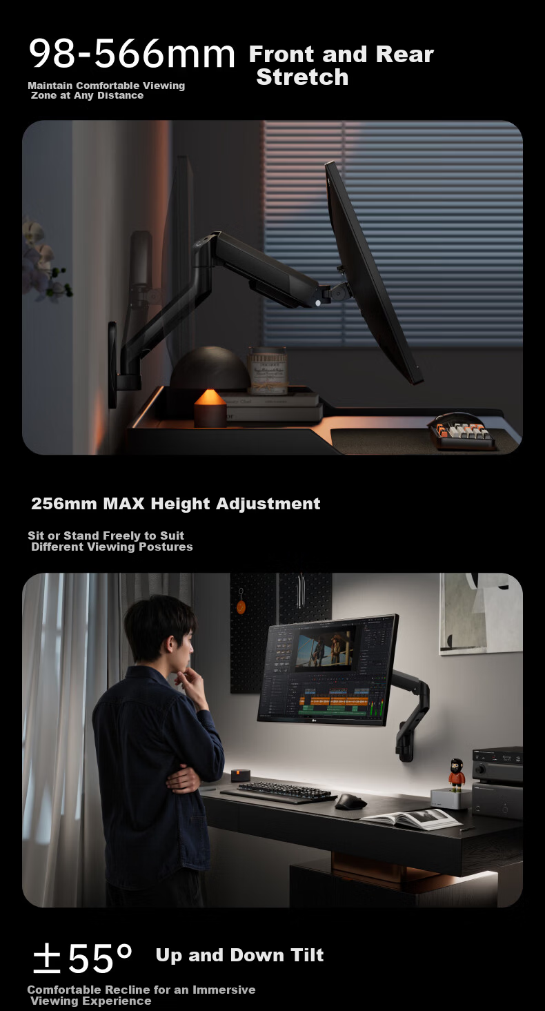 Brateck Beihu Monitor Mount Wall-Mounted Mechanical Arm Computer Stand Wall Clamp Base Screen Riser 17-40 inch E430B Dormitory Floating Support Arm 10