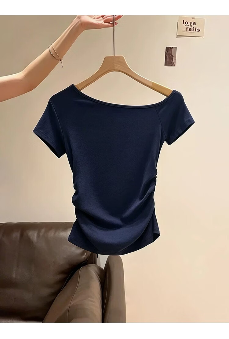 Shuangxing Women's Summer New Sexy Off-Shoulder Short Sleeve T-Shirt, Ruched Waist Slim Fit, Black, XL 11