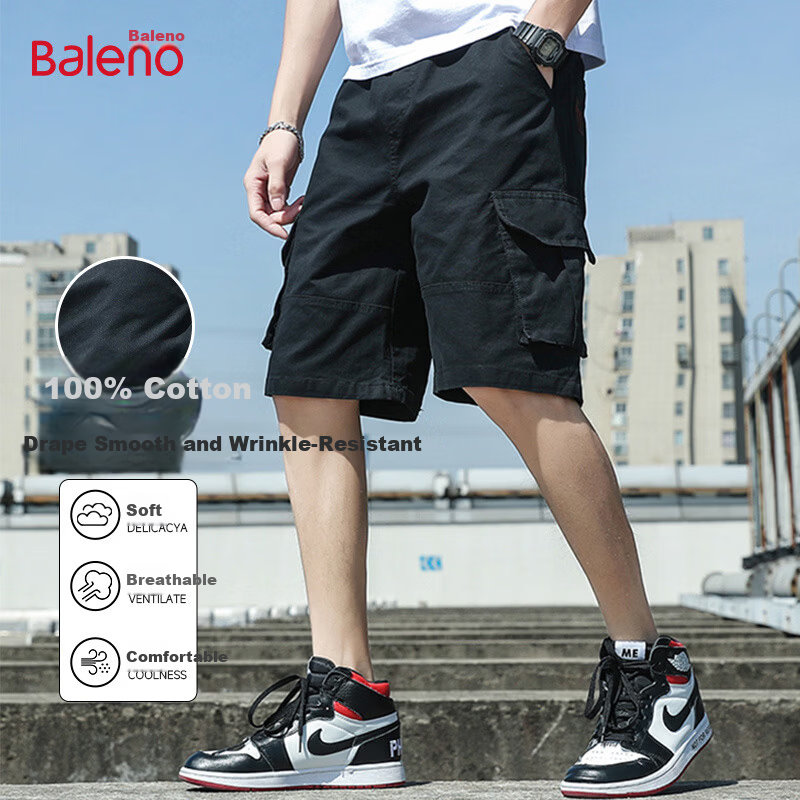 Baleno Men's Summer Thin Cotton Loose Cargo Shorts Casual Trendy Straight-Leg Mid-Length Pants