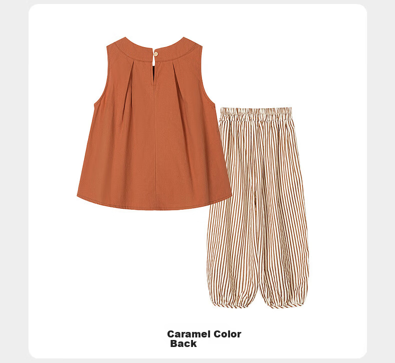 Fulomi Girls' Summer Set Korean Style Sleeveless Top and Versatile Striped Casual Pants Two-Piece Set Caramel Color Size 130 15