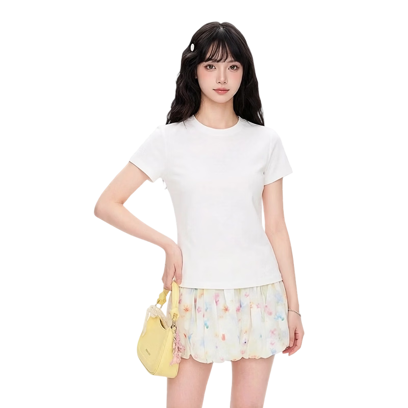 Muwei Black Crew Neck Shoulder-Fitted Short Sleeve T-Shirt for Women Summer New Pure Cotton Slim Fit Basic Top