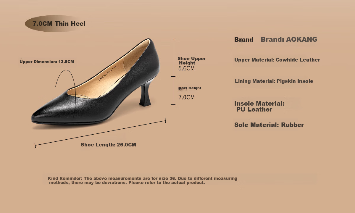 Aokang Official Women's Leather High Heels, Black Thin Heel Professional Work Shoes, OL Pointed Toe Low-Cut Pumps, Size 35 10