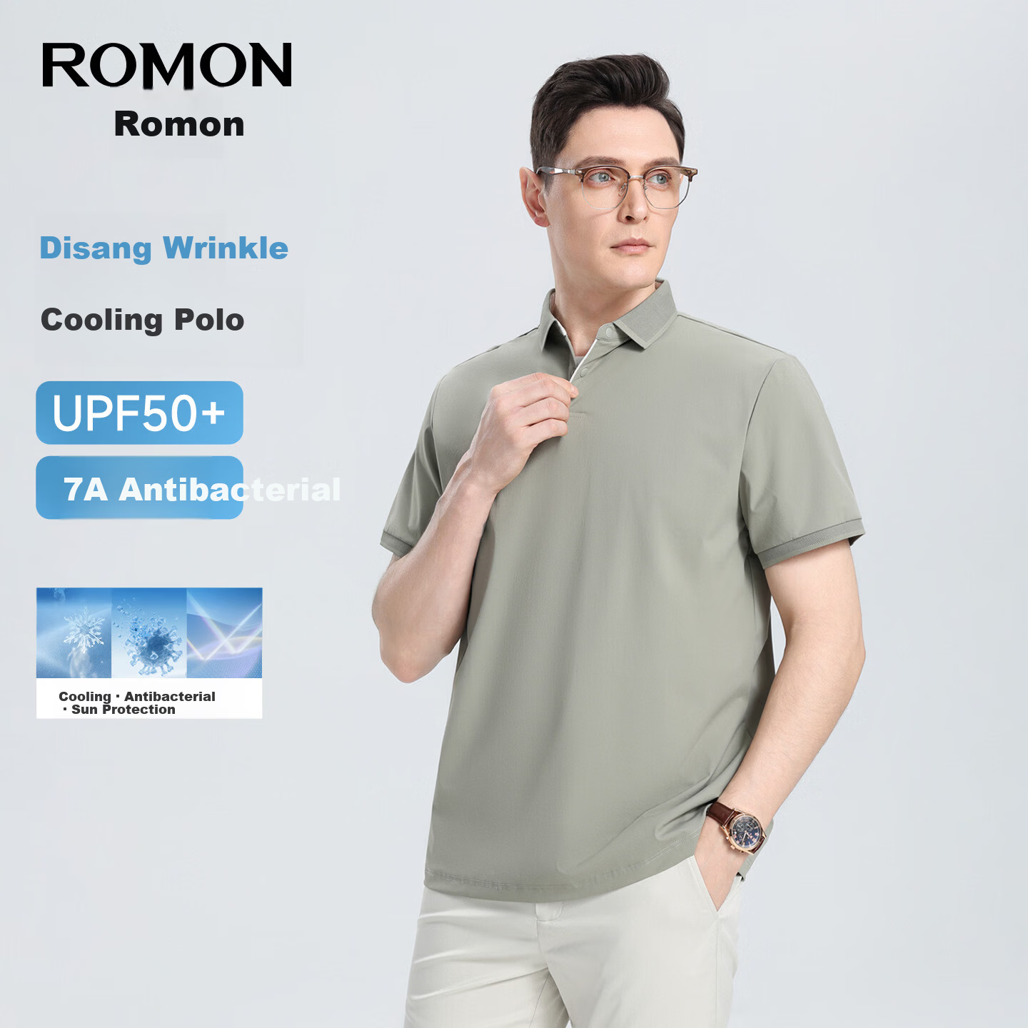 ROMON 7A Antibacterial Ice Silk Polo Shirt Men's Short Sleeve Cooling Summer Quick-Dry T-Shirt 232