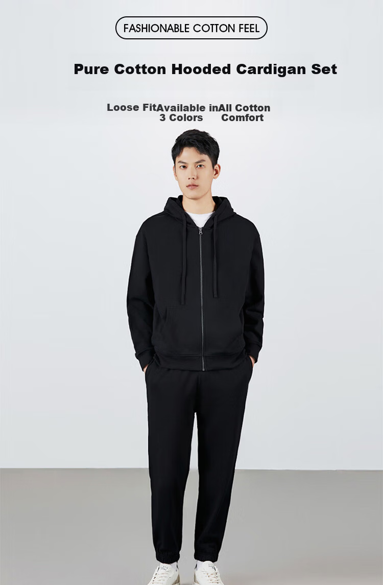 LIMENG Pure Cotton Casual Sports Suit Men Drop Shoulder Loose Fit Spring Autumn Cardigan Men's Sweatshirt Two-Piece Set Black M 1