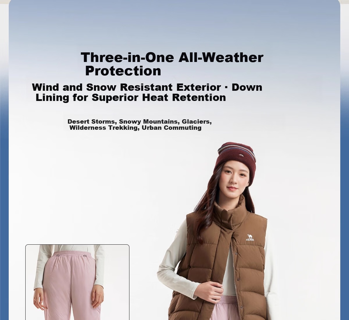 CAMEL Women's 3-in-1 Down Liner Waterproof Breathable Durable Tear-Resistant Hiking Mountaineering Pants Men's 3