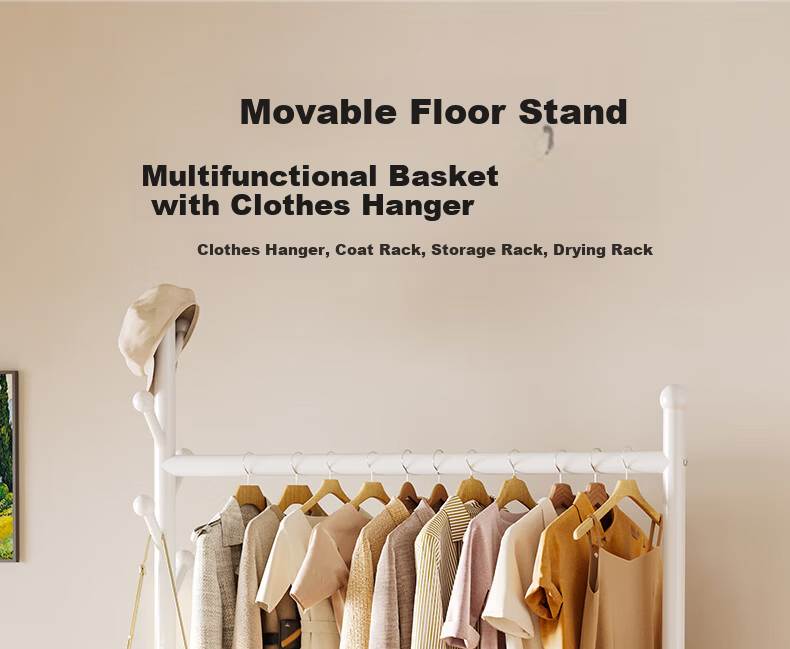 Yicai Nianhua Floor Clothes Drying Rack with Net and Wheels Multifunctional Bedroom Clothes Rack with Storage Basket and Coat Hanger 1255 1
