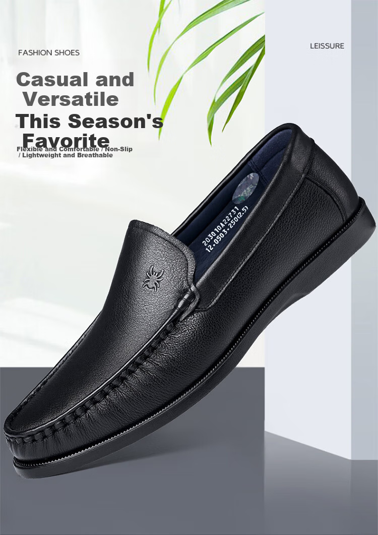 Spider King Men's Leather Shoes Spring Summer New Breathable Soft Sole Business Slip-On Casual Loafers 22731 Black Size 37 1