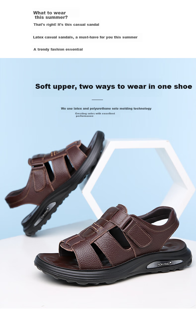 Aokang First Layer Cowhide Men's Sandals Beach Shoes Cowhide Trendy Middle-aged and Elderly Dad Leather Sandals Black 41 4