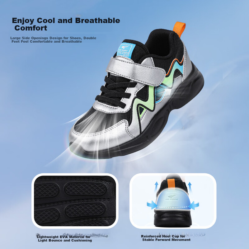 DR·KONG Toddler Sneakers Boys Spring Velcro Trendy Kids Shoes 2B16A1012AM Black/Silver Size 29