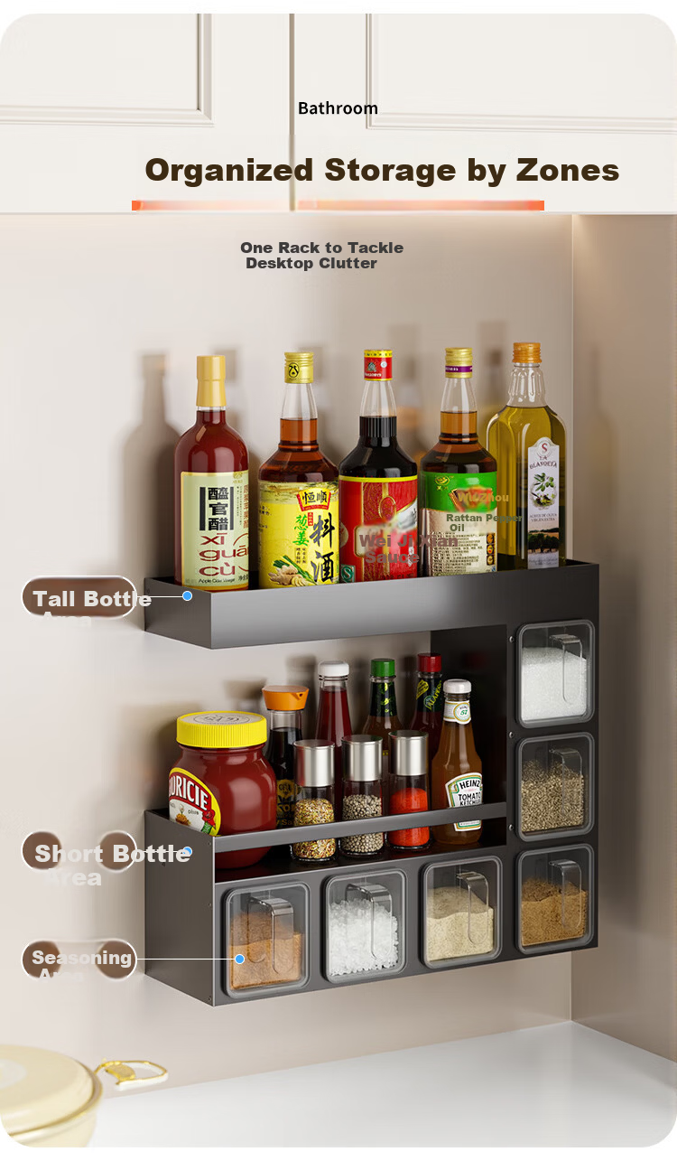 Jiabangshu Spice Rack Kitchen Multifunctional Seasoning Box Storage Shelf No-Drill Wall-Mounted Organizer 6-Box Gun Gray 4