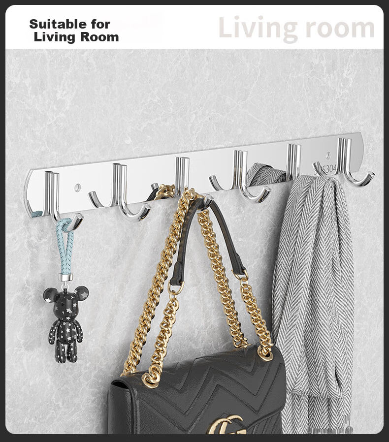 Baizi 304 Stainless Steel Wall-Mounted Clothes Hooks, No-Drill Thickened Bathroom Door Storage Rack, 8 Hooks Adhesive Hooks 8