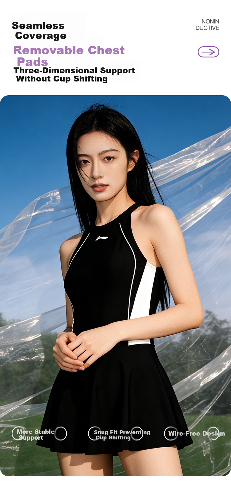 LI-NING Women's Premium 2026 New One-Piece Skirt Style Slim Halter Neck Swimsuit Swimwear 0821 Black L 9