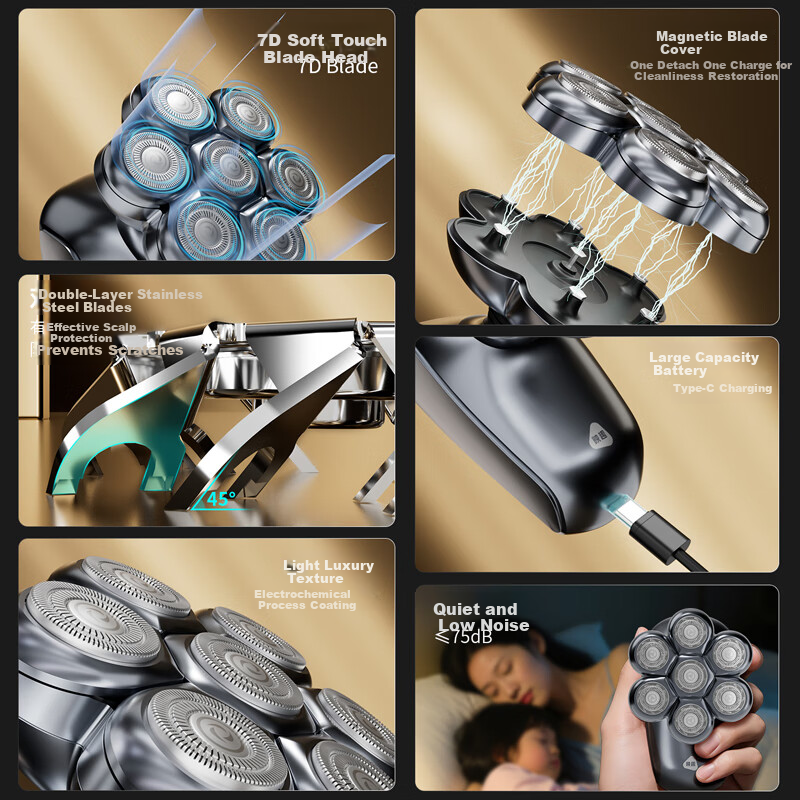 Yingqu Bald Head Shaver Electric Hair Clipper for Men with 7 Blades High Power Self-Service Haircut Tool
